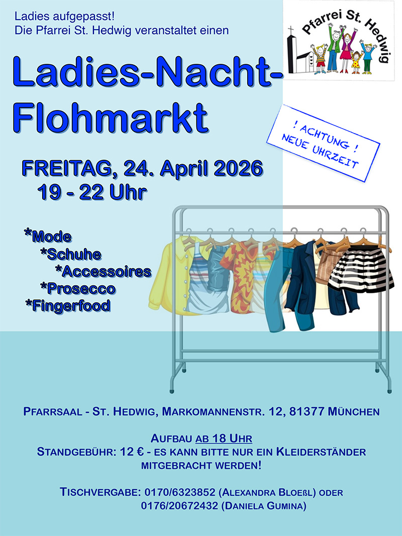 Plakat zum Ladies Nacht Flohmarkt in St. Hedwig im April 2026